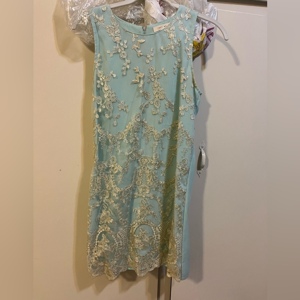 Mint green dress with gold lace